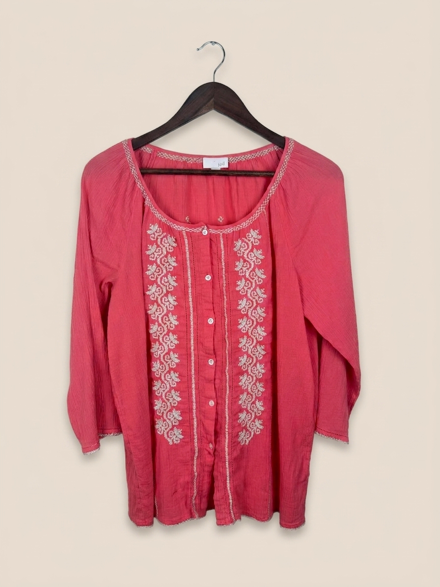 j. jill embroidered blouse, M, Pink, 100% Cotton